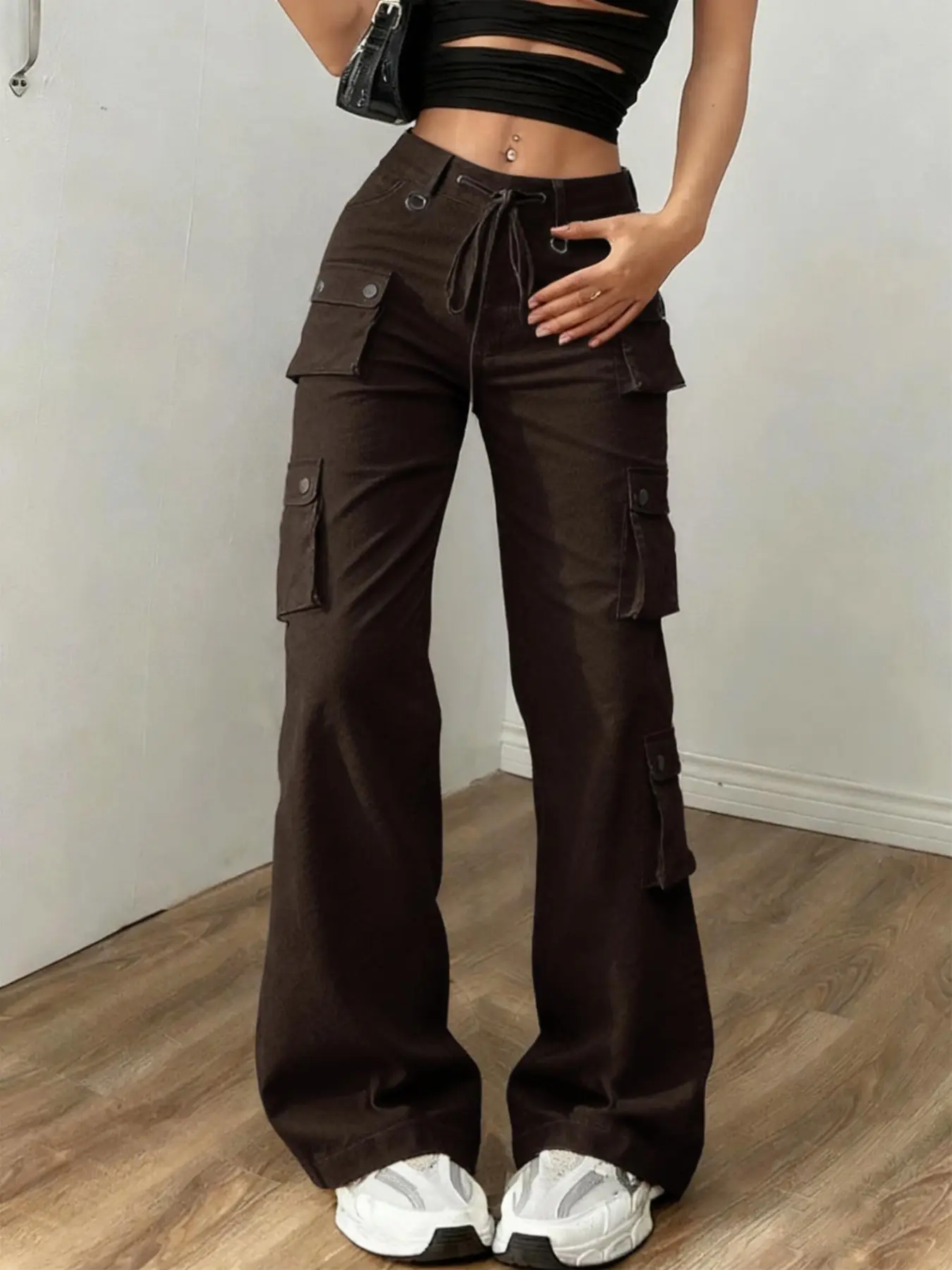 Women's High-Waisted Cargo Jeans Pants, Womenswear Y2K Retro 90s Street Style Casual Streetwear, Loose Fit Wide Leg, Multi-Pocket Design, All-Season Comfortable Fabric, Trouser Bottoms