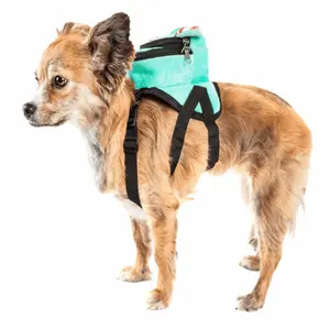Pet Life Dumbone Dual-Pocket Dog Harness Backpack - Turquoise with Striped Antenna Detail, Comfortable Fabric, Ideal for Small Pets, Dog Backpack