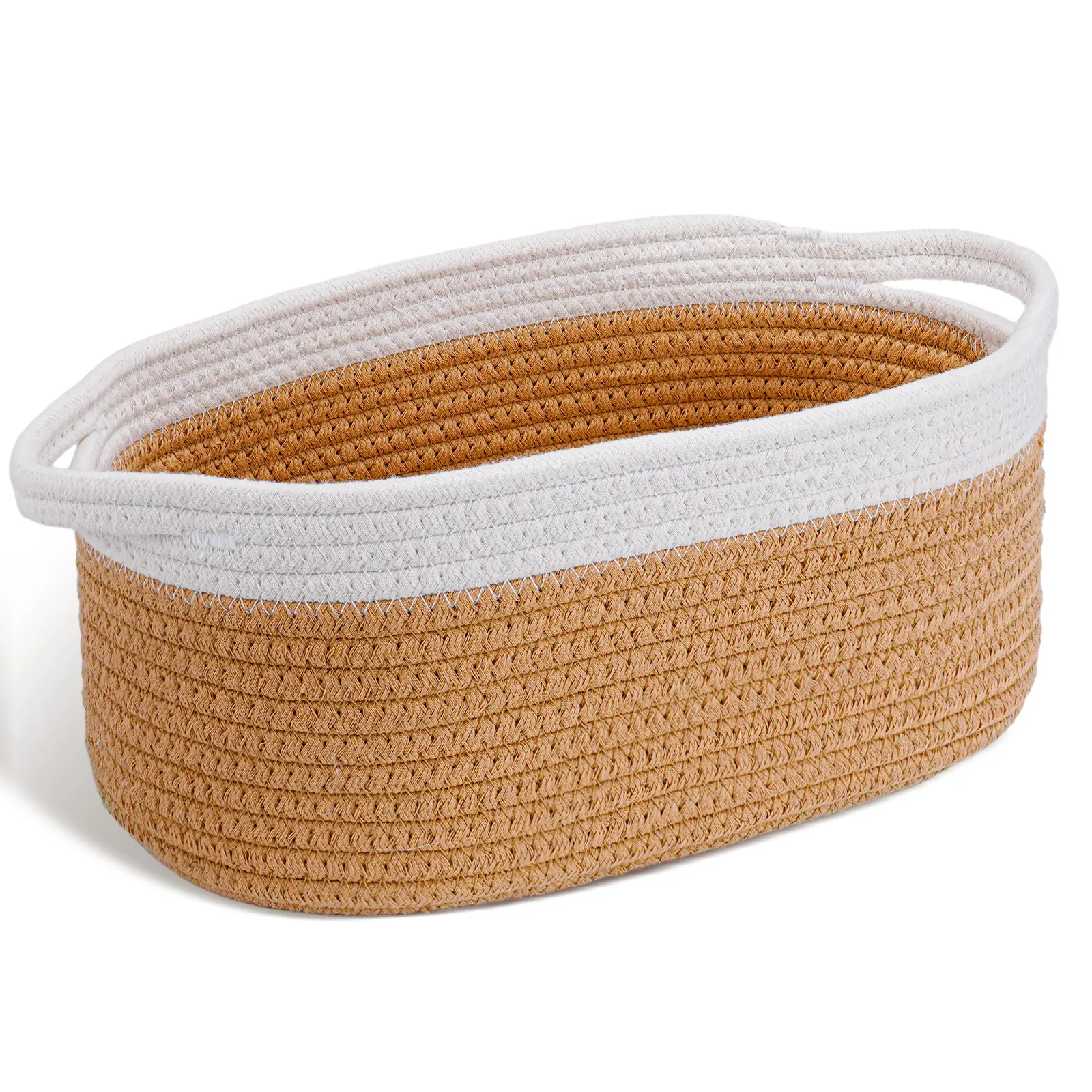 Sowyem Cute Small Woven Basket with Handles, 12"x 8" x 5" Rope Room Shelf Storage Basket Chest Box for Cat and Dog Toys, Empty Decorative Gift - Brown