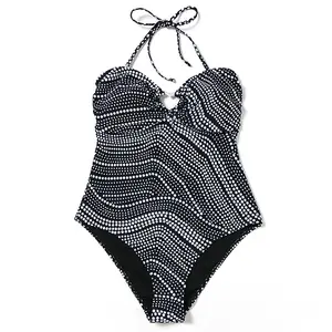 Women's One-Piece Swimsuit-Front Heart-Shaped Design - Adjustable Halter And Back Tied, Black & White Polka Dot Bathing Suit For Women