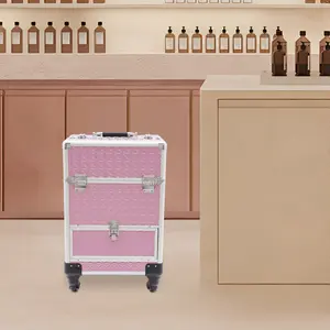 Pink Rolling Makeup Train Case with Wheels & Pull Rod, 3 Lockable Compartments for Hairdresser Makeup Artist Professional Tools Storage