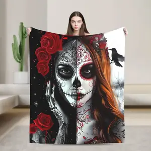Gothic Skull & Floral Design Plush Flannel Throw Blanket - Soft, Cozy, All-Season Comfort for Bed, Sofa, or Picnic, Blanket for Bed