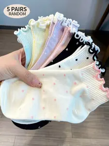 5 Pairs of Women's Ruffled Polka Dot Ankle Socks – Sweet ruffled trim at the cuff paired with cheerful polka dots, ultra-feminine and stylish, matches Mary Janes and ballet flats Sock Set