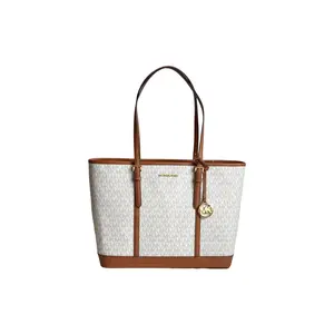 Michael Kors Jet Set Travel Monogram Leather Tote Bag for Women in Vanilla White