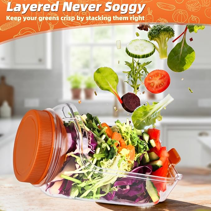 Salad Jar with Side Opening – Double-Lock Leak-Resistant Design, Vertical Layering Keeps Salads Fresh, Leak-Proof Salad Jar with Dressing Cup, Durable Salad Container for Lunch, Meal Prep & Work