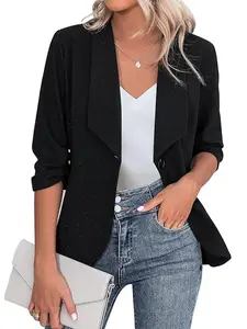 Aswulk Women's 3/4 Stretchy Ruched Sleeve Open Front Lightweight Lapel Work Office Blazer Jackets