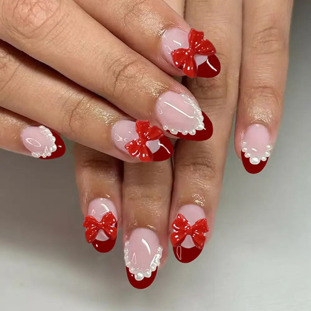 24pcs Short Oval Bow Pearl French Design Nails, Acrylic Press-On False Nails Set, French Tip Nails, Includes Jelly Glue and Nail File, Perfect for Parties