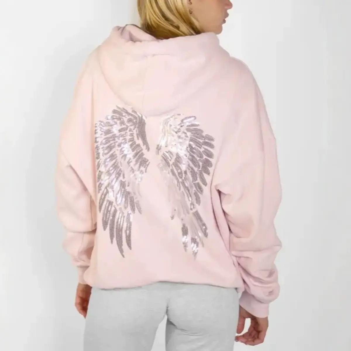 Subdued Women Solid Color Hoodie, Back Rhinestone Wing Embroidery Loose Pullover Mid‑Length Streetwear Sweatshirt