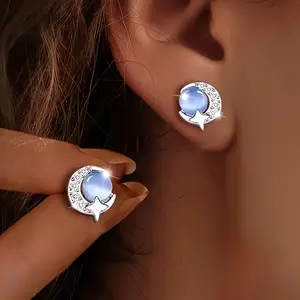 Pair Of  Earrings, Women'S Moon And Star Studs, Cute And Fashionable Compact Design, Hypoallergenic, Suitable For Daily And Holiday Wear, Christmas Gift, All-Season Accessory