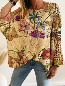 Spring Summer New Round Neck Hollow Out Batwing Shoulder Long Sleeve Women's Knit Top, Casual Loose Fit Beach Vacation Floral Print