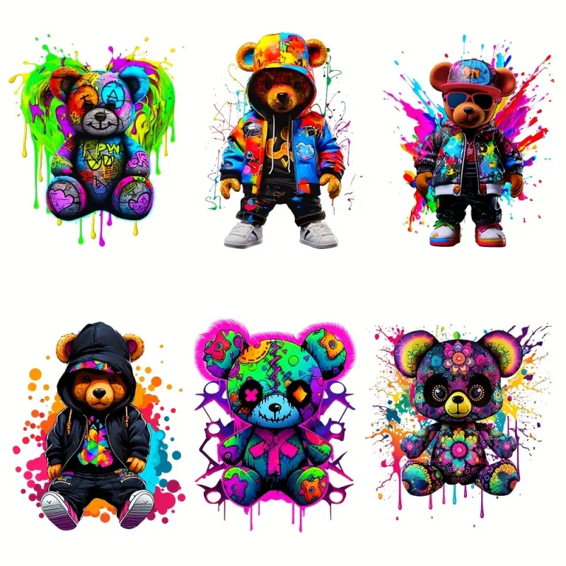 6 Pack Bear Pattern Heat Transfer Vinyl HTV Stickers Craft Supplies Colorful Durable Custom DIY Crafts Decals for T Shirts Bags Hats Easy Iron on Application No Electricity Creative Gift Idea Art Bear Design Casual Trendy Style