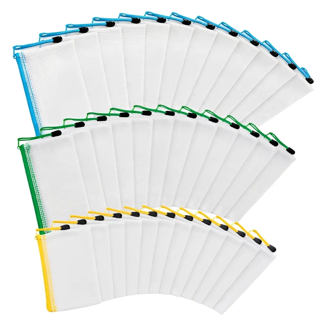 36PCS Mesh Zipper Bags – 12×B6, 12×A6 & 12×B8 Waterproof Document Pouches for Office, School & Travel Organizer (Transparent File Bags)