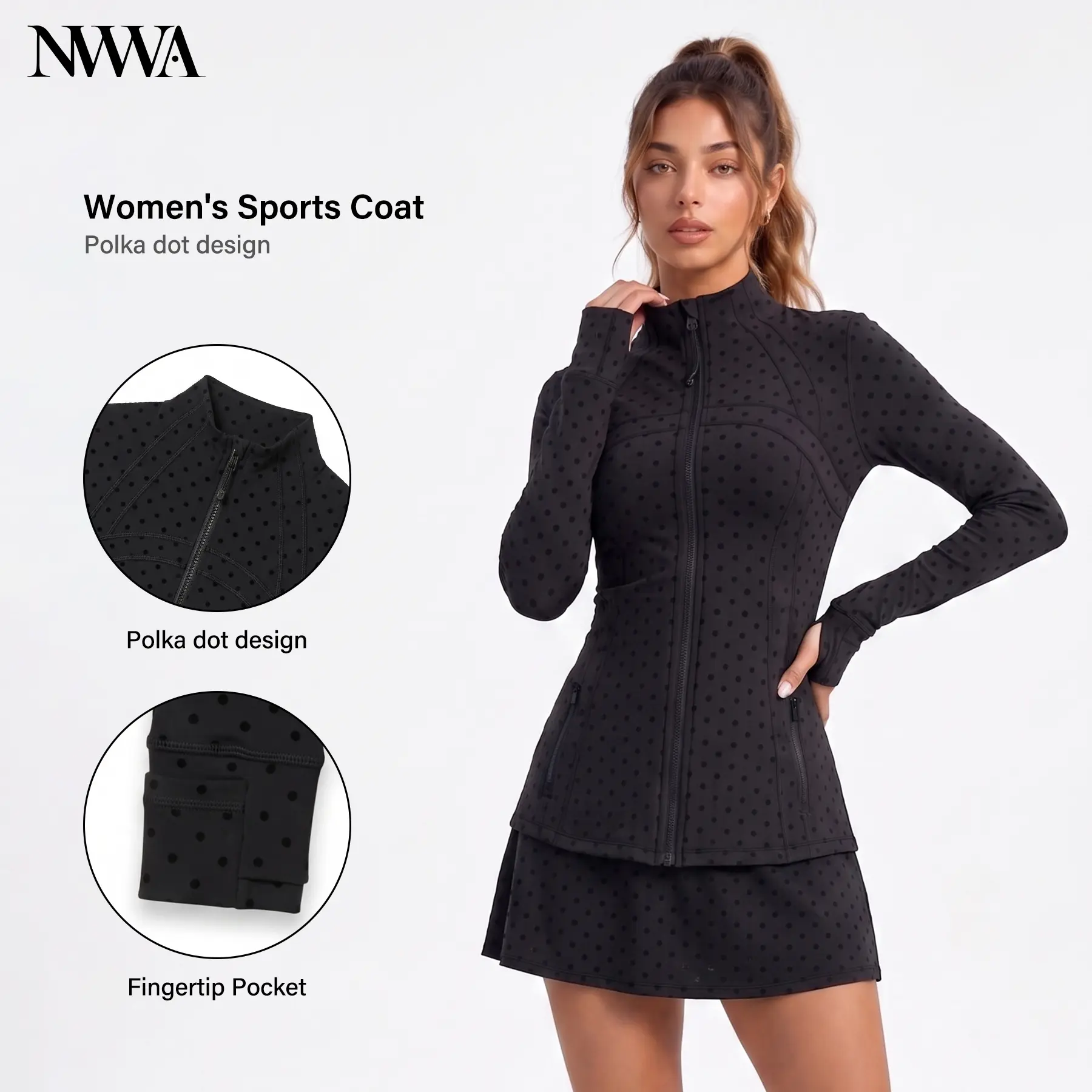 Women's Slim-fit Polka-dot Jacket, Crafted from Breathable, Stretchy Nylon and Spandex Fabric,Quick-drying and Breathable, Suitable for Outdoor Sports such as Tennis