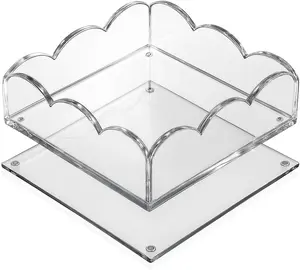 Orelle Scalloped Magnetic Acrylic Tray | Customizable Acrylic Tray with Insert Bottom | Removable Magnetic Mat to Display Photos, Art, Keepsakes | Jewelry, Perfume, Vanity Catchall | 8x8” | Clear