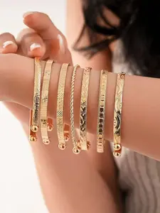 Women's Gold Bracelet Set, 14k Plated Stackable Open Cuff Classic Embossed Design, Minimalist Layered Jewelry, Perfect Gift, Stackable Bracelets