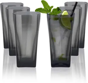 Grey 6-Piece Thick Reusable PS Plastic Bathroom Tumbler Set - 350ml Classic Stylish Shatterproof Glass-Look Drinking Glasses, Microwave Safe for Juice, Outdoor Events
