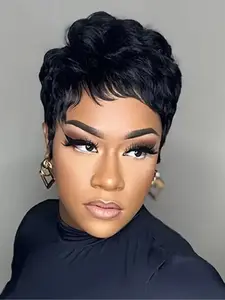 150% Density Non-Adhesive Pixie Cut Wig, Short Straight Brazilian Hair, Machine Made, Rose Net Cap, Natural, Perfect Daily Style