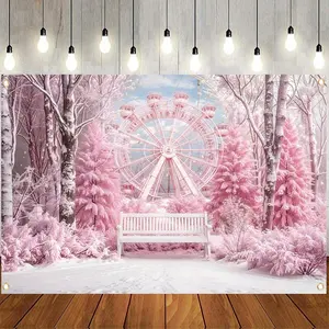 1pc 2D Flat Pink Winter Wonderland Christmas Backdrop - Polyester Banner with Vibrant Pine Forest & Ferris Wheel Design for Holiday Parties, Photography Studio Props & Home Wall Decor Ornaments White
