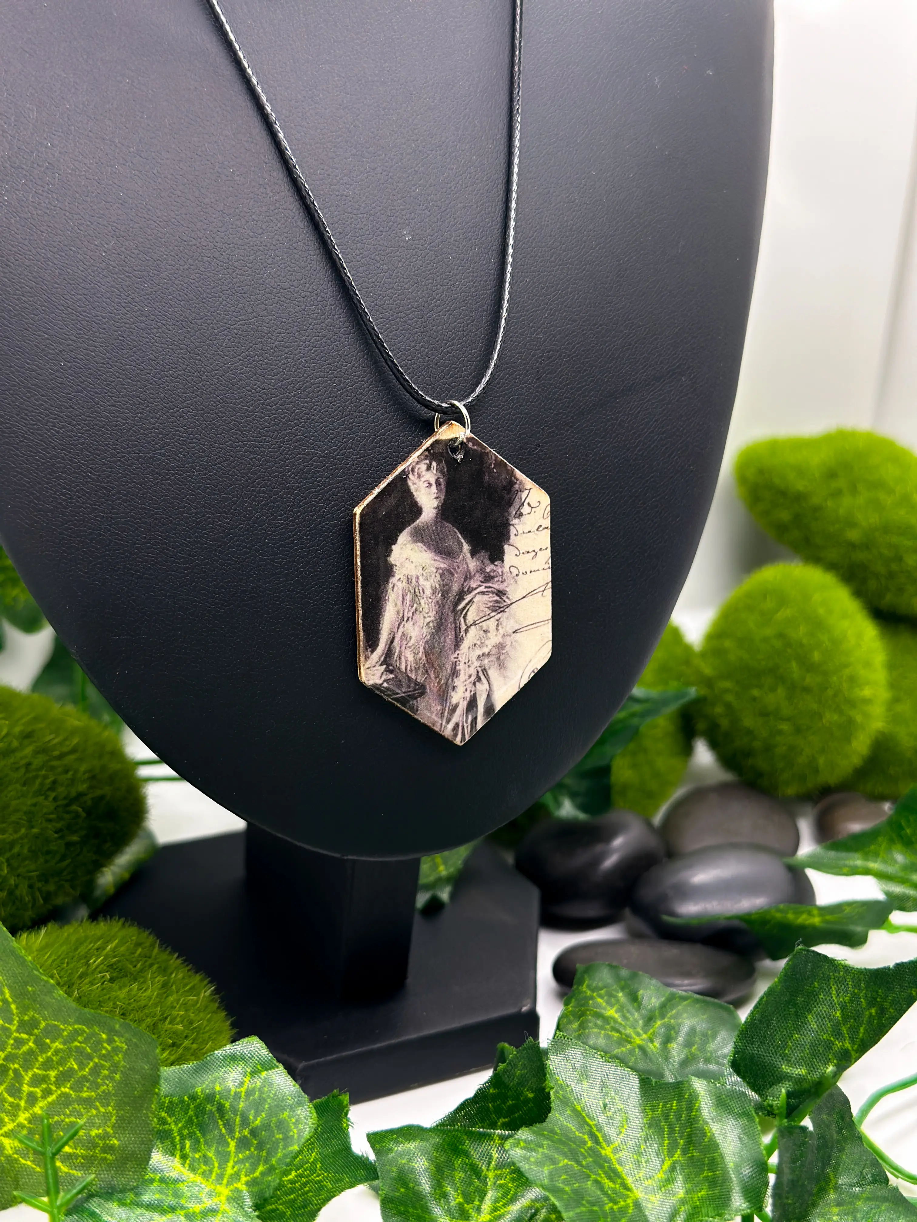 Vintage Portrait Wooden Pendant Necklace