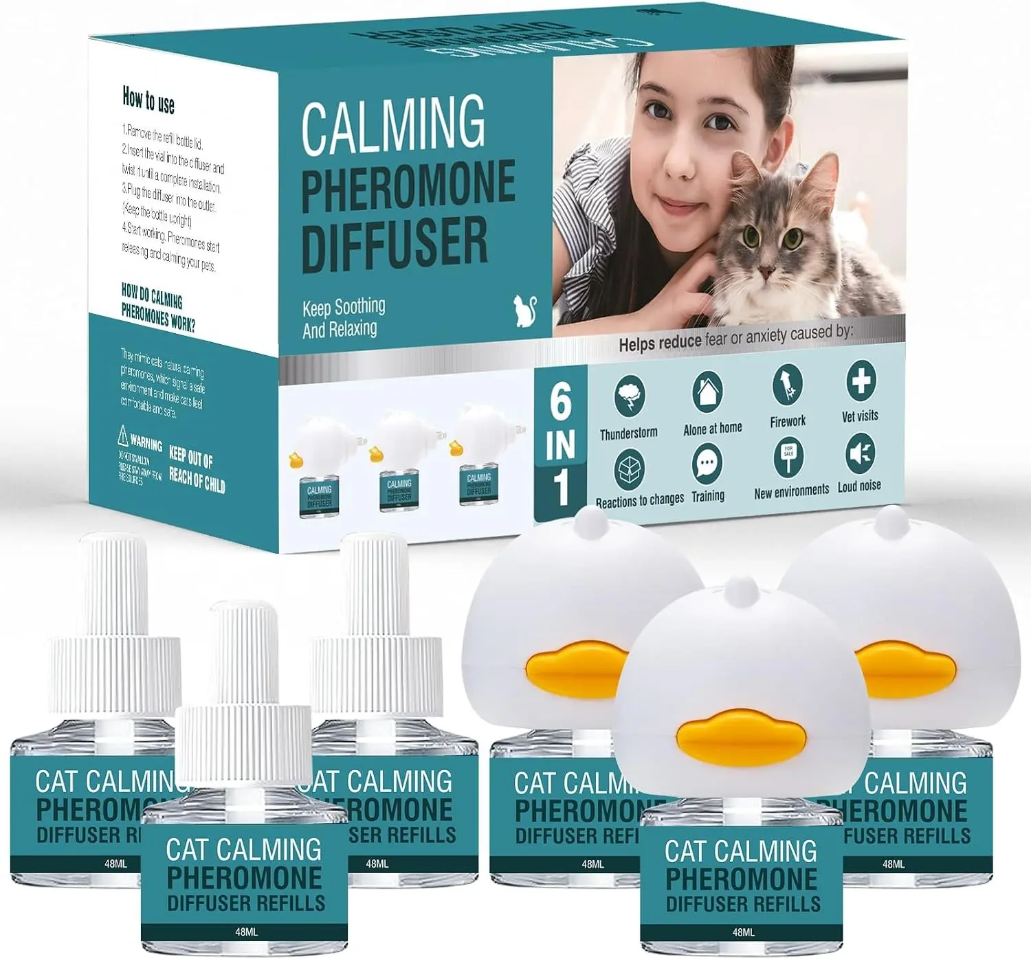 6-in-1 Plug-in Cat Calming Diffuser with 48ml Refill, 90-Day Stress and Anxiety Relief for Cats