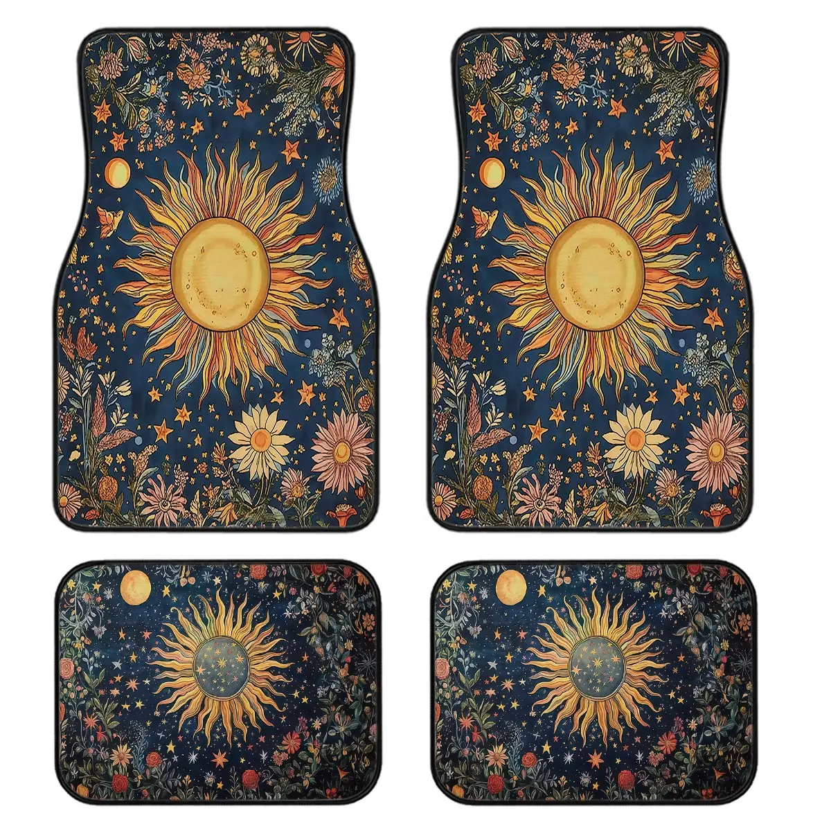 4-Piece Retro Sun Star Moon Floral Car Floor Mats Set, Universal Fit for All Vehicles, Easy Clean, Comfortable & Protective