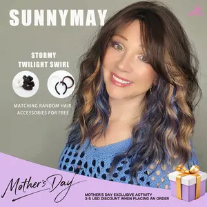 Stormy 18 Inches Mid-Length Water Wave Layered Synthetic Wig for Women Twilight Swirl 3.5X4.5 Hard Silky Top Natural Scalp  Wig Glueless Wig Deep Wave Headband Wig curly bang