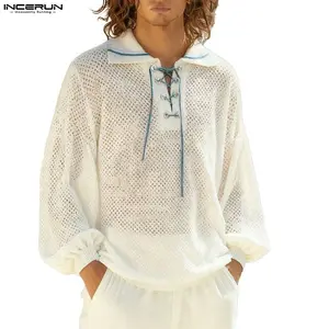 INCERUN Men's Boho Vacation Mesh Lace-up Shirt Coquette See-through Festival Top