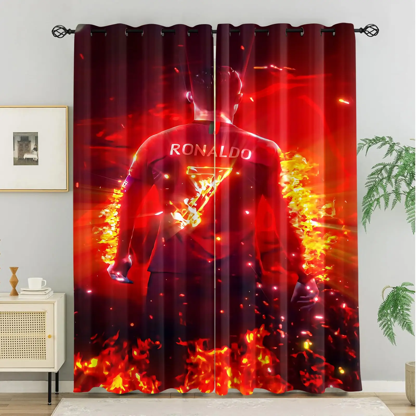 2Pcs No.7 football superstar printed curtains, flame red orange digital printed blackout curtains, sports fan style curtains, modern living room and bedroom curtains, machine washable, Window Curtain