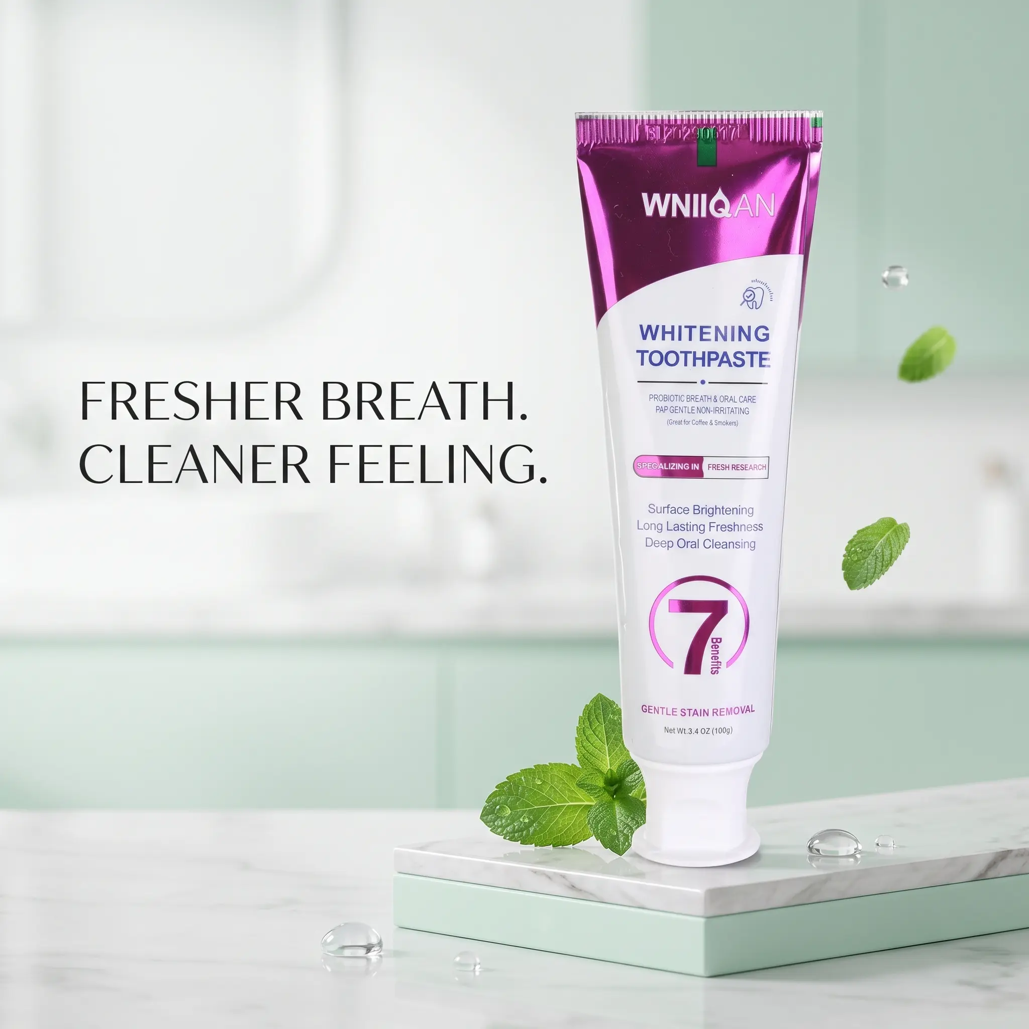 WNIIIQAN Purple Whitening Gel Toothpaste - Fluoride-Free, Probiotic, 3.4 oz Gentle Mint, Coffee & Tea Stain Cleansing, Fresh Breath, Advanced Repair, Daily Oral Care