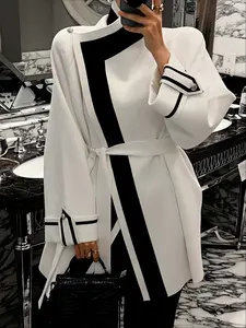 Elegant Women's Colorblock Cardigan, Spring & Fall Long Sleeve Fit Shawl Collar, Casual Vintage Design, Unique Luxury Style, Womenswear