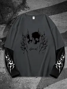 Men's Skull Print Long Sleeve Tee, Loose Casual Street Fashion Round Neck T-shirt for Daily Wear, Men's Top for All Seasons