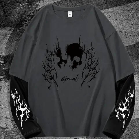 Men's Skull Print Long Sleeve Tee, Loose Casual Street Fashion Round Neck T-shirt for Daily Wear, Men's Top for All Seasons