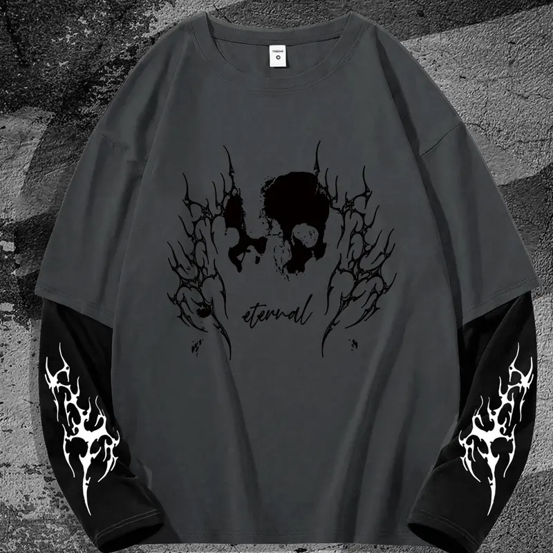 Men's Skull Print Long Sleeve Tee, Loose Casual Street Fashion Round Neck T-shirt for Daily Wear, Men's Top for All Seasons