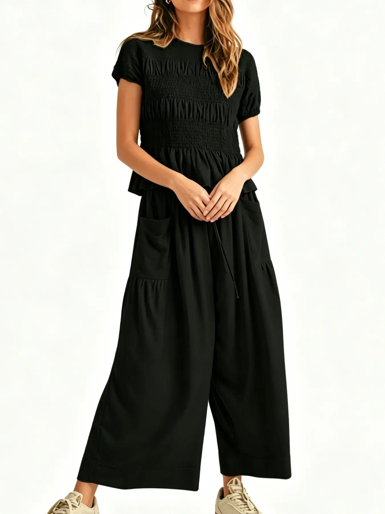 Women's Fashion Casual High-End Minimalist Textured Cotton Ruffled Short Sleeve Two-Piece Set, with waist-cinching ruffles and a flowing wide-leg pant design, perfect for summer, vacations, indoor, and outdoor wear Knit Casual Set