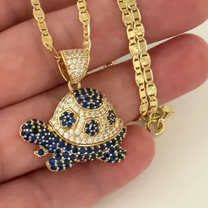 14k Gold Plated Necklace with Turtle Pendant, Includes Chain and Clasp, Featuring Blue Accents and Gold Finish