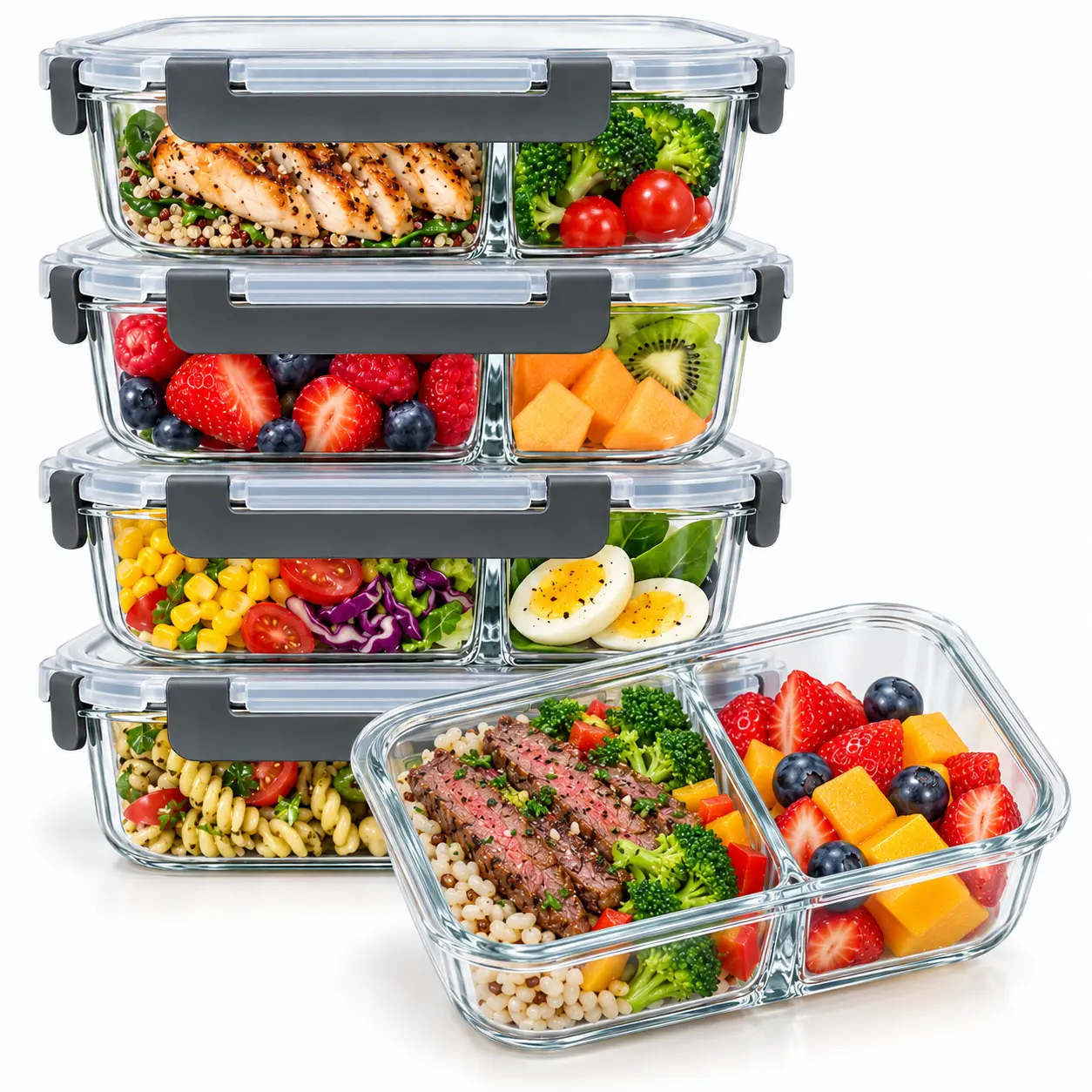 5-Pack Reusable Rectangular Borosilicate Glass Meal Prep Leak Proof Containers (36 oz, 8in×6.5in×3in) - Crystal-Clear, Stackable Airtight Silicone Stretch Lids, Food Storage Kitchen Accessories, Dishwasher-Microwave-Oven-Freezer Safe