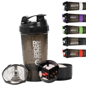 Spider Protein Shaker Bottle Sports Water Bottle Leak Proof 3 Layer Twist Off 3oz Cup with Pill Tray Non Slip 16 oz Capacity for Protein Powder