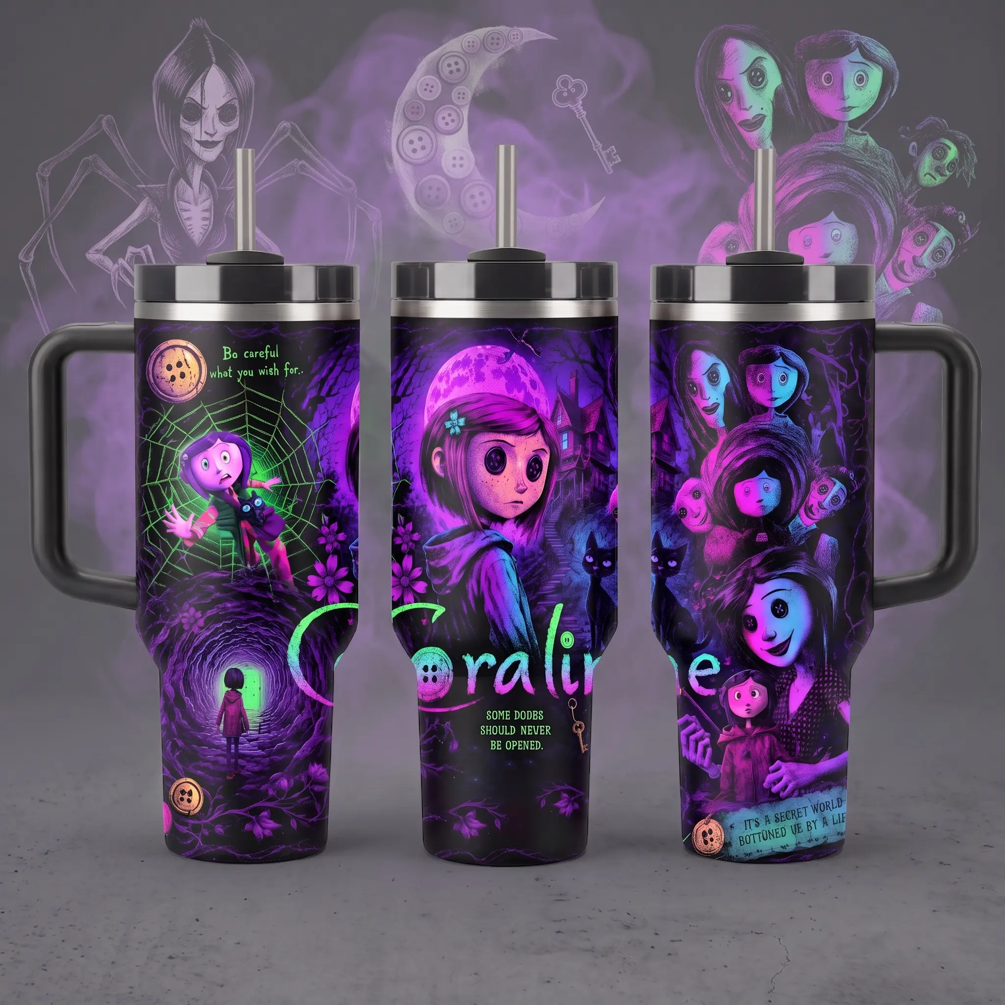 Coraline Movie Spooky Gothic 40oz Stainless Steel Insulated Tumbler with Handle & Straw, Other Mother Button Eyes Fan Merchandise, Vacuum Travel Mug Gift for Horror Lovers, Halloween Gift
