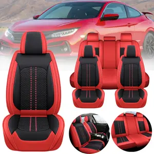 Cool Ice Silk Car 5 Seat Covers Cushions Napa Leather 5-Seats Front Rear Full Set Full Surround Protector Adjustable Black&Red