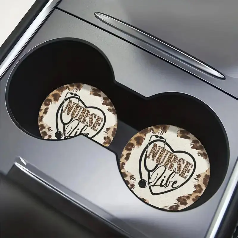 Nurse Life Letter Car Coaster, Round Anti-slip Car Cup Holder Pad, Car Interior Decoration Accessories for Women & Men, Car Trinkets, Car Interior Accessory, Car Interior Decorative