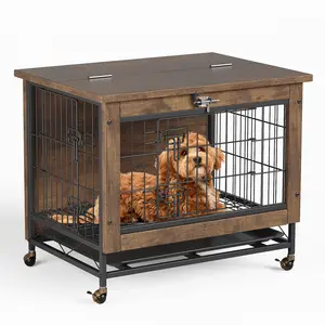 26" Heavy Duty Dog Crate Furniture End Table Top-Opening Dog Cage Kennel w/ Tray & Wheels