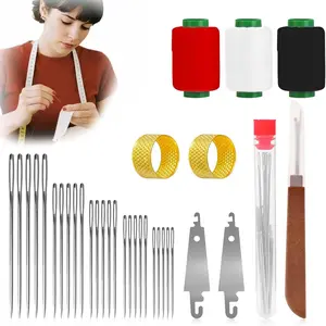 Large-Eye Steel Needle Sewing Kit 34 Pieces, Hand Stitching Set, Stainless Steel Needles, Home Sewing Thread Box, Large Nose Big Eye Needles, Sewing Supplies Crafts
