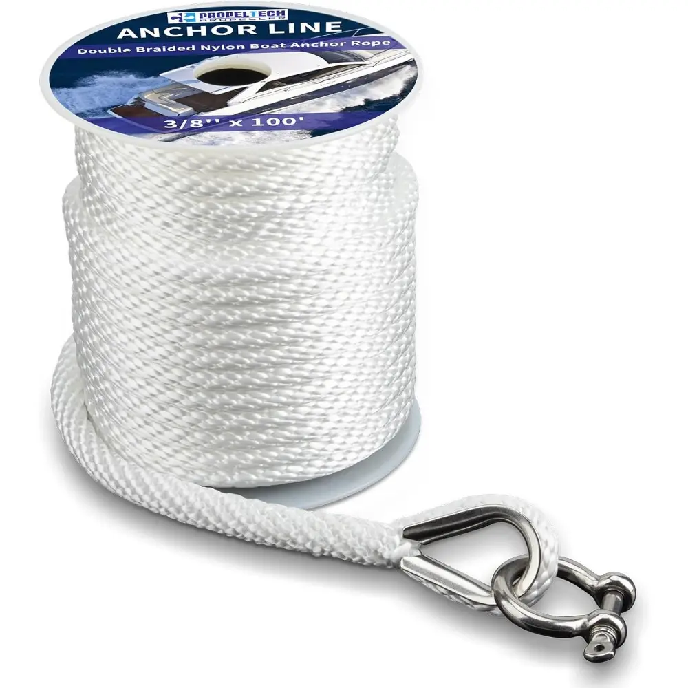 Premium Solid Braid MFP Braided Anchor Line (White, 3/8"-100ft), Marine Line with 316 Stainless Steel Thimble, Stainless Steel Shackle, 1565 lbs Load Capacity, Boat Accessory for Boats Under 16'