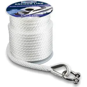 Braided Anchor Line(White, 3/8" x 100') Premium Solid Braid MFP Rope with Stainless Steel Thimble & Shackle, Quality Marine Line, Boat Accessories