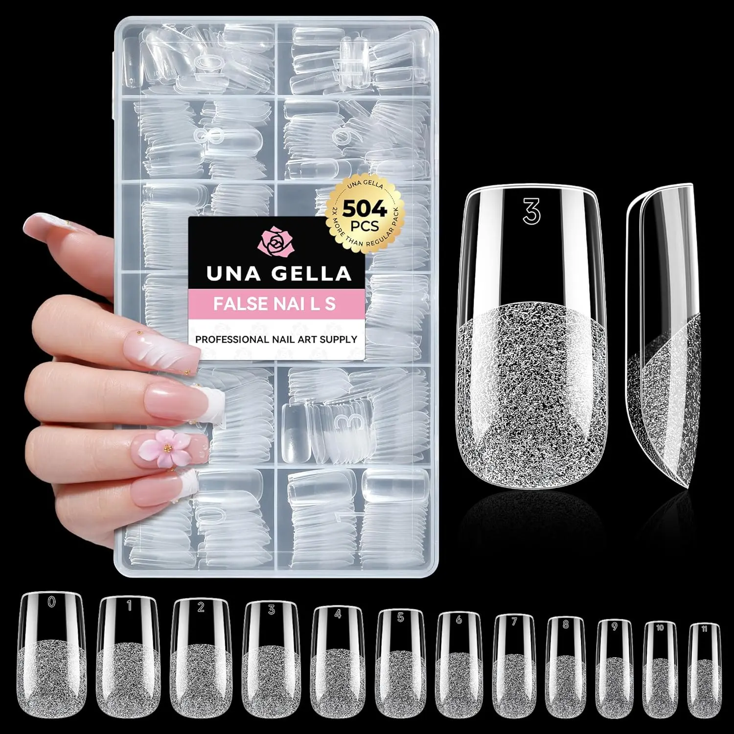 UNA GELLA Square Fake Nails, 504pcs Gel Nail Tips Clear Press on Nails Pre-shape for Full Cover Square Nails French False Nails For Nail Extension Nail Art Home DIY 12 Sizes False Gelly Tips