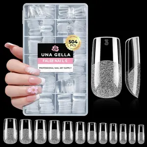 UNA GELLA Square Fake Nails, 504pcs Gel Nail Tips Clear Press on Nails Pre-shape for Full Cover Square Nails French False Nails For Nail Extension Nail Art Home DIY 12 Sizes False Gelly Tips