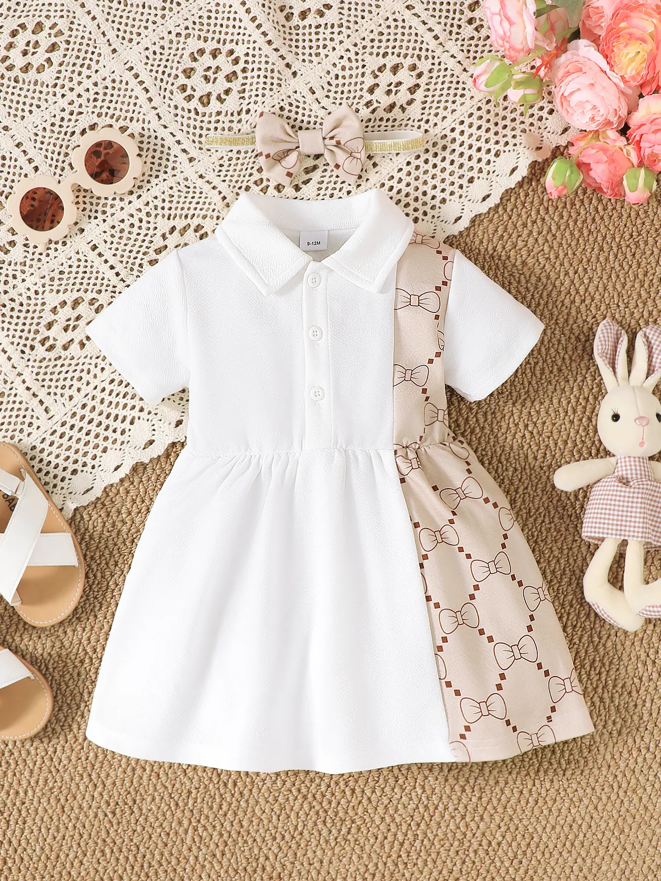 Ready Stock 6m-3y Baby Girls Cute Dress Set Summer Bow Pattern Patchwork Short Sleeve Lapel Dress with Headband Clothes 42503061