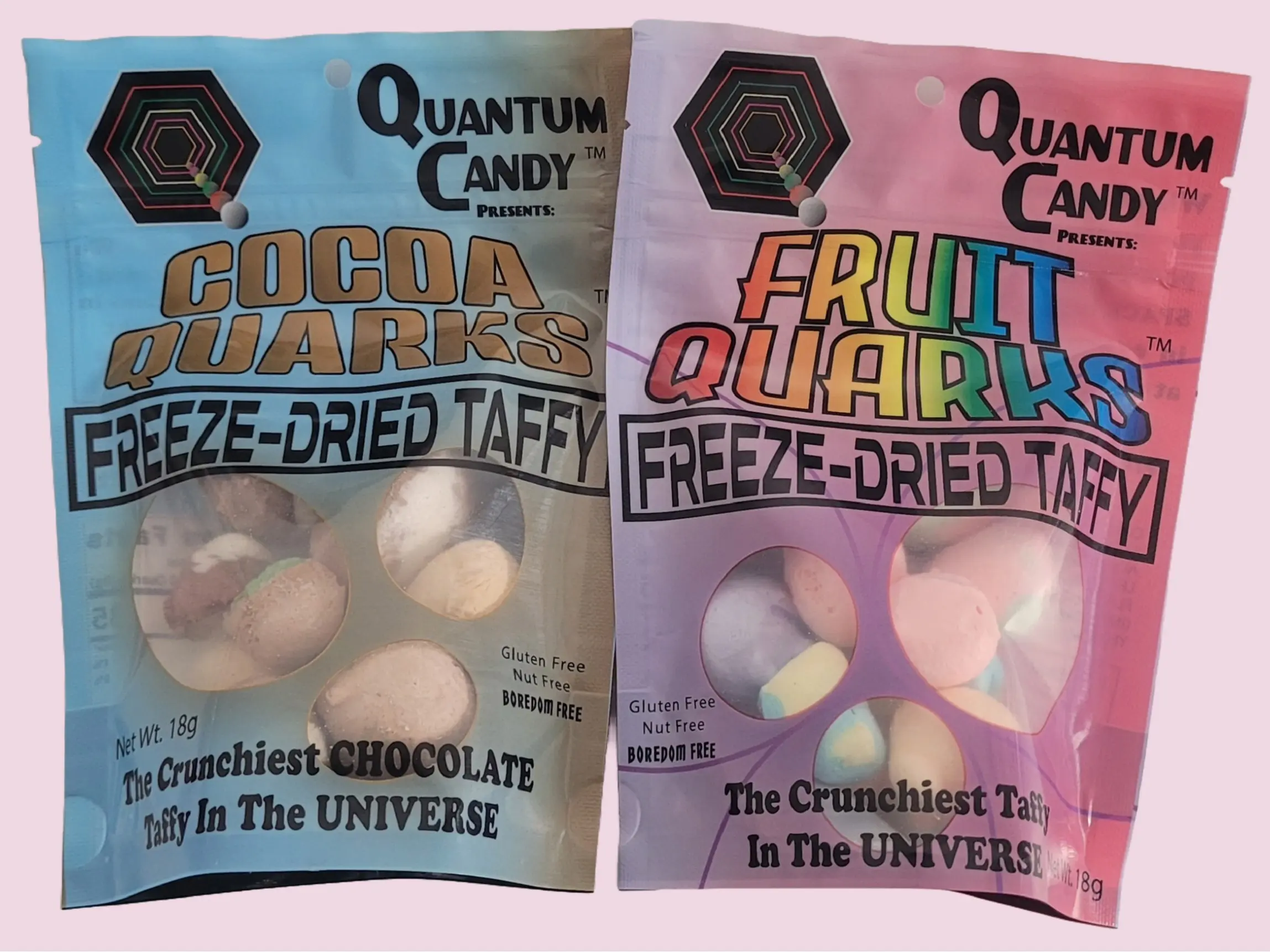 O.M.Geeks Ltd Quantum Candy Cocoa Quarks Freeze-Dried Taffy Mixed Pack (Fruit Quarks, Cocoa Quarks) Assorted Fruit Assorted Chocolate  Flavors 2-Packs, 10-Packs, 20-Packs - 2-Serving Pouches, 18g Each - Snack, Sweet, Fruit, Chocolate