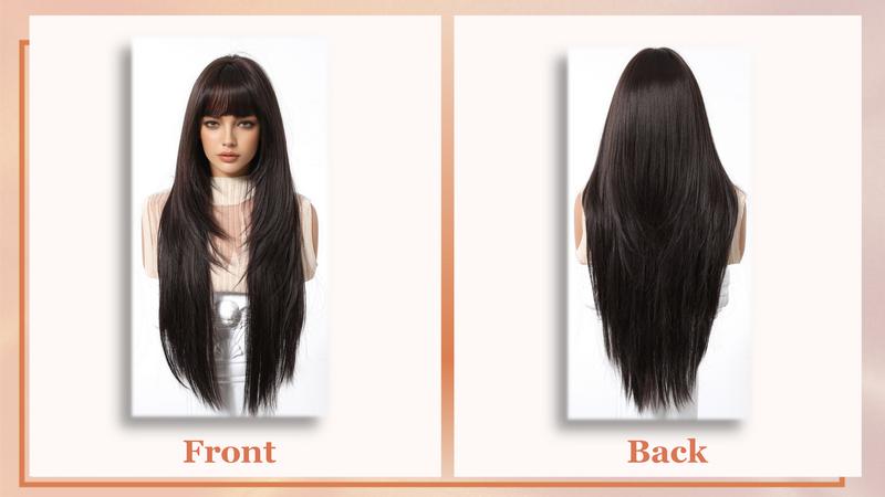 Long Straight Wig With Bangs 28inch Straight Black Wig Synthetic Heat Resistant Fiber Wig for Daily&Party everyday wear Curly Ponytail Extension Clip Tousled Updo Hair Bun Set