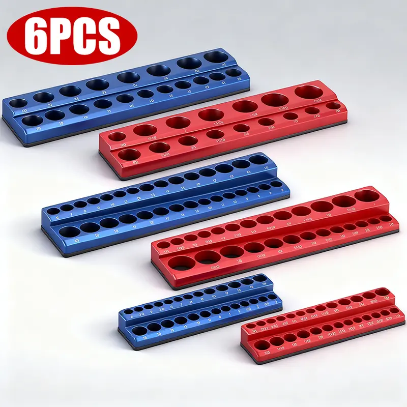 Magnetic Socket Organizer, 6 Piece Socket Holder Kit, 1/2-inch, 3/8-inch, 1/4-inch Drive, Holds 143 SAE&Metric Sockets, Red & Blue, Professional Quality Tools Organizer Hardware Heavy Duty #TikTokShopBlackFriday